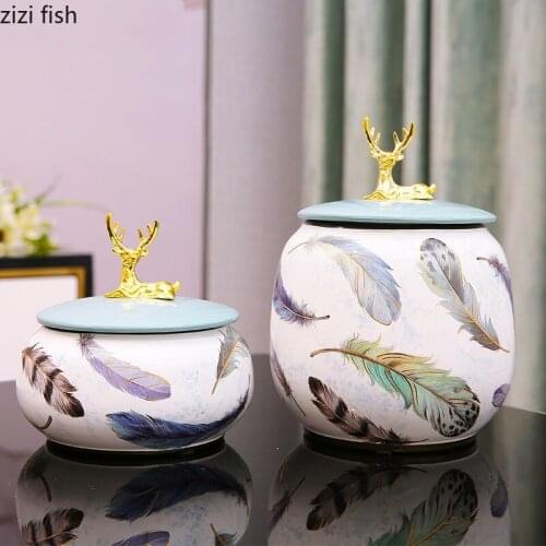 Ceramic Jar Deer Cover Feather Flower Decoration Jar Storage Tank Decoration Ornaments Candy Jar Snack Box Home Food Storage Box