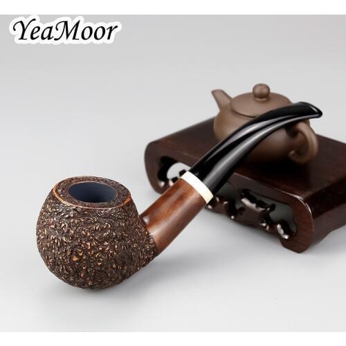 Classic Bent Tobacco Pipe White Ring Carved Briar Smoking Pipe 9mm Filter Round Bowl Briar Wood Pipe 74 tools Carven Briar Pipe
