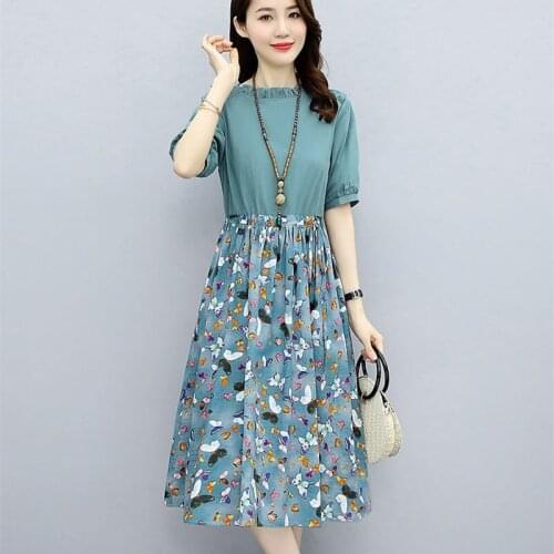 Summer Womens Clothing Cotton Linen Dress Plus Size Printed Short Sleeves Stitching Dresses Cozy Office A-Line Dresses KW1136