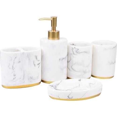 WSFS Hot Bathroom Accessories Set, 5 Pieces Bath Ensemble, Bath Set Collection Marble Pattern Soap Dispenser Pump, Toothbrush Ho