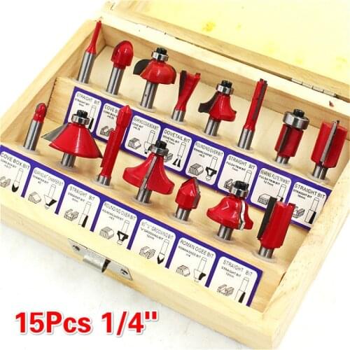 15pcs 1/4" 1/2" Shank Milling Cutter Router Bit Set Tungsten Carbide Tool Engraving Machine Milling Cutter Trimming Knife 6.35mm