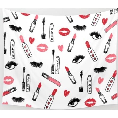 Makeup Valentines Day Red And Pink Lipstick Kiss Eyelashes Wall Tapestry Wall Hanging Curtain Bedding Blanket Home Decoration