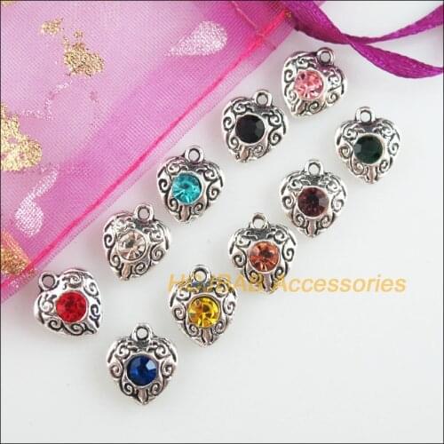 20Pcs Tibetan Silver Tone Retro Heart Mixed Crystal Charms Pendants 10x11.5mm