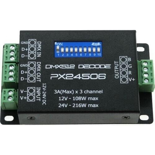 PX24506 DC12V-24V 9A/3CH DMX512/1990 Decoder Controller Plactic Housing for RGB Strip Light