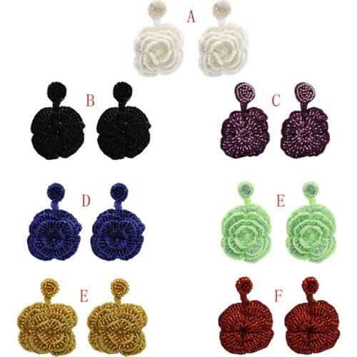 Bohemian Handmade White Black Big Chunky Rose Flower Earrings Ethnic Resin Beaded Weave Dangle Earrings Drop For wedding Women