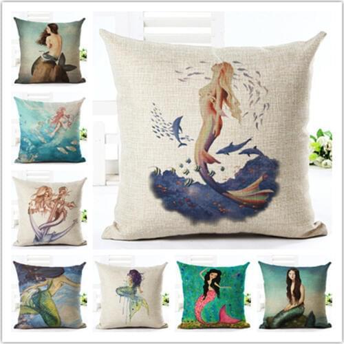 Creative Cartoon mermaid fashion printed Linen Square hugging Pillow Cover Bedding Set pillow case wedding gift decorative