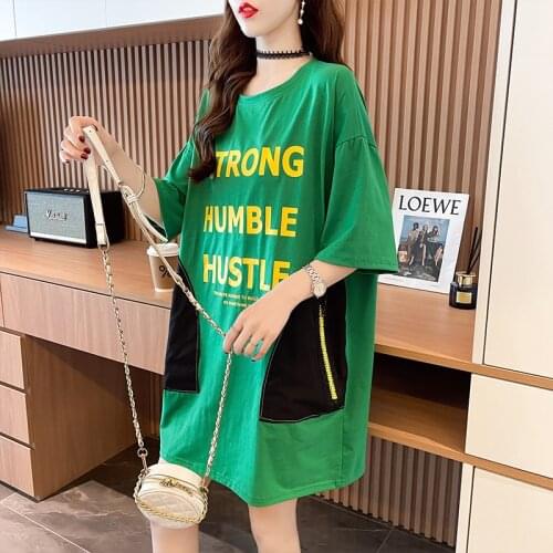 Womens Summer Tee Shirt Oversized Long Tshirt O-neck Letter Print Green Pocket Tops Korean Girls Harajuku Casual Loose Tees