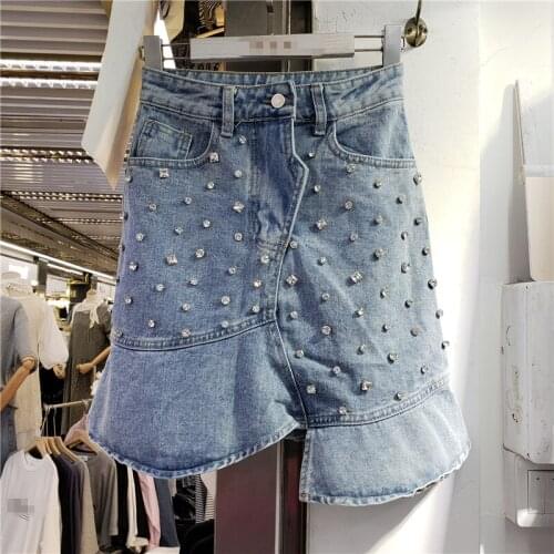 Denim Fishtail Skirt Women 2021 Summer High Waist Embroidery Hot Drilling Jean Skirts Girls Ladies Fashion Clothing