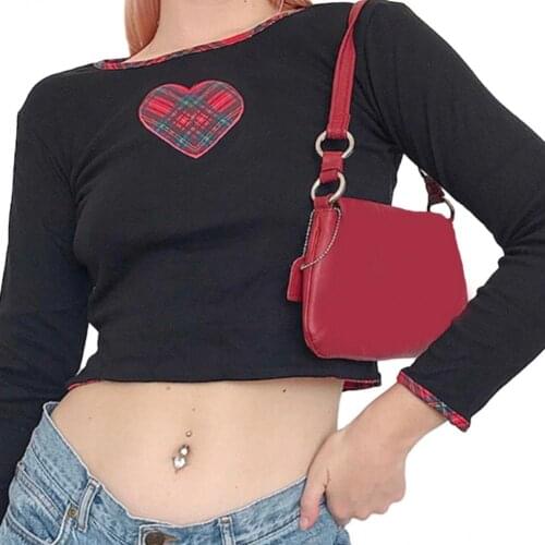2021 Women Spring Autumn O Neck Slim Blouse Long Sleeve T-shirt Female Heart Shape Plaid Patchwork Crop Top Tee Mini Shirts