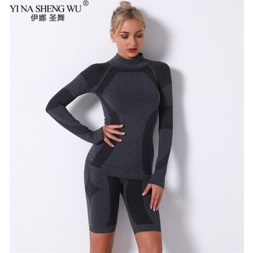 2pcs/set Yoga Sets Women Seamless Shorts High Waisted Sports Pants Long Sleeve Top Outdoor Biker Leggings Women Sports Gym Set