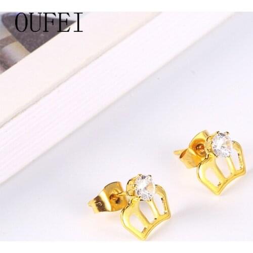 OUFEI Ladies Fashion Jewelry stainless steel earrings Cubic Zirconia Crystal Stud arrings Simple Crown Rose gold earrings woman