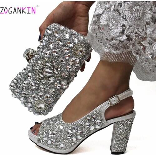 Silver Color African Women Shoes and Bag to Match Italian Design with Shinning Crysta Matching Shoes and Bag Set for Royal Party