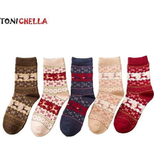 1 Pair Winter Christmas Deer Women Warm Wool Socks Female Snowflake Moose Design Comfortable Gift For Girl Decoration Sock T0750