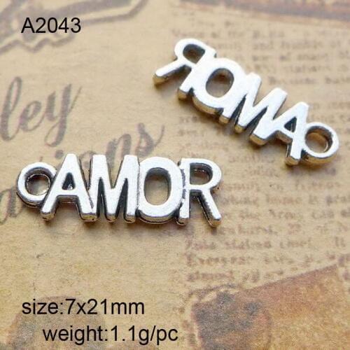 High Quality 50 Pieces/Lot 7x21mm Antique Silver Plated Metal Alloy Letter AMOR Charms Pendants