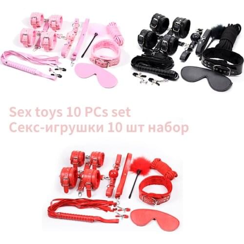 10 Pcs/Set Handcuffs Cosplay Tools Toys For Set Handcuffs Nipple Clamps Gag Whip Rope Sex Toys For Couples Sexy Mask BOSM