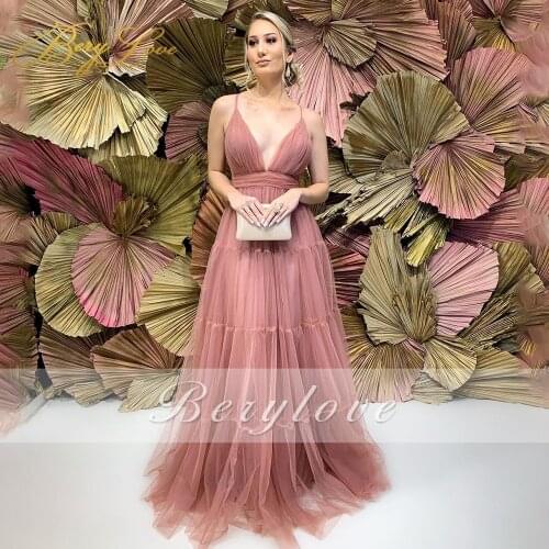 Berylove A Line Blush Pink Long Prom Dresses Tiered Tulle Party Dresses Elegant Sexy V Neck Evening Dresses Zip Up vestidos de