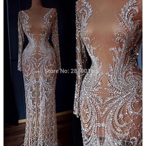 Brilliant Round Neck Mermaid Evening Dress Long Sleeves Floor-Length Beaded Sequins Prom Dress вечернее платье Middle East Arab