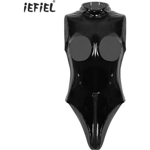 PVC Patent Leather Bodysuit Women High Cut Thong Zipper Open Crotch Hollow Bust Erotic Lingerie Leotard Costumes Latex Catsuit