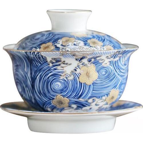 Hot Hand Painted Blue and White Porcelain Gaiwan Tea Cup Chinese Kung Fu Tea Set Teaware Tea Accessories Home Office Table Decor