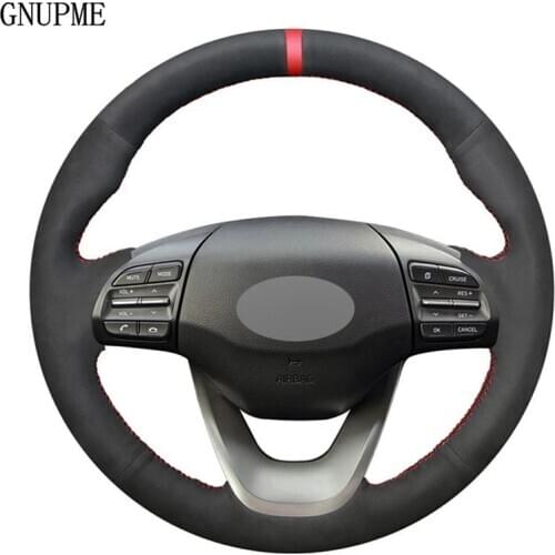 DIY Hand-stitched Soft Black Genuine Leather Suede Car Steering Wheel Cover For Hyundai Kona 2017-2019 i30 2017-2019