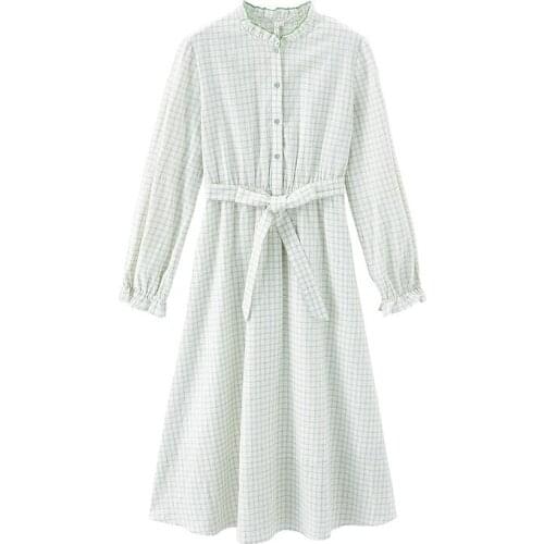 INMAN Spring Womens Dress With Belt Plaid Stripe Fresh Elegant Flower Collar Lace Flared Cuffs Long Sleeve A-Line One-Piece