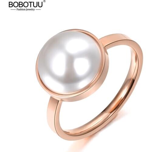 BOBOTUU Classic 316L Stainless Steel Engagement Wedding Ring Simulated-Pearl Half Ball Design Jewelry For Women Gift BR18044