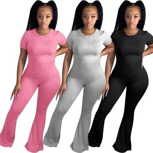 OMILKA Boot Cut Rompers and Jumpsuits 2020 Summer Women Short Sleeve O Neck Back Zipper Bodycon Club Party Overalls