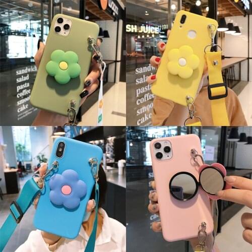 Cute Flower Makeup Mirror Phone Case for Samsung Galaxy Note 8 9 10 20 M01 M11 M21 M30S M31 M51 Soft TPU Cover With Strap