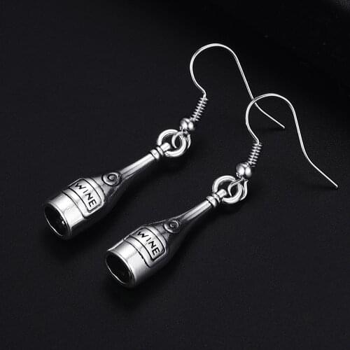 Trendy Vintage Wine Bottle Antique Silver Plated Punk Hiphop Rock Style Retro Drop Earrings for Women Girl & Man Party Jewelry