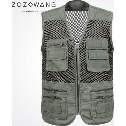 Zozowang new refreshing mesh short solid casual zipper Big pocket plus size summer spring autumn waist coat men fashion vest men