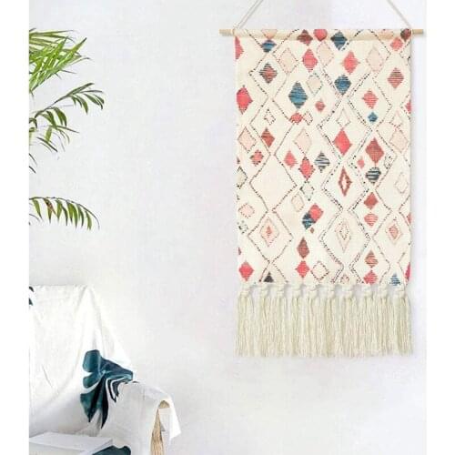 Wall Hanging Geometric Rhombus Tapestry with Macrame,Boho Handmade Woven Tapestry,for Apartment Home Decor