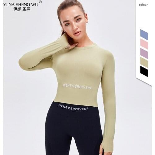 Autumn Seamless Yoga Shirts Women Elastic Thumb Hole Fitness Running Long Sleeve Sports T -Shirts Gym Workout Tight Crop Tops