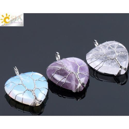 CSJA Tree of Life Wire Wrapped Love Heart Necklace & Pendant Suspension Natural Gem Stone Tiger Eye Pink Quartz Black Onyx F053