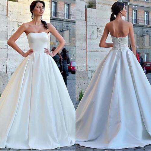 2019 New Arrival Strapless A-Line Wedding Dress Ruched Satin Gowns Floor Length Bridal Dress Lace up Vestidos De Noiva
