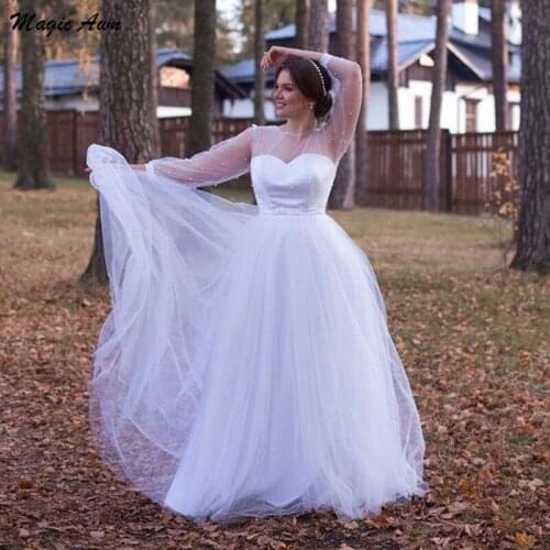 Magic Awn White Long Sleeves Wedding Dresses Boho Illusion Pearls Beaded Plus Size Beach A-Line Mariage Gowns For Women Robes
