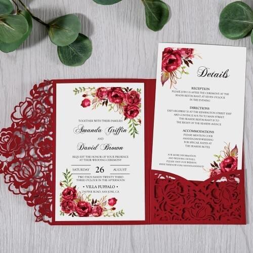 50pcs Red Laser Cut Floral Invitation for Wedding / Party / Quinceanera / Anniversary / Birthday
