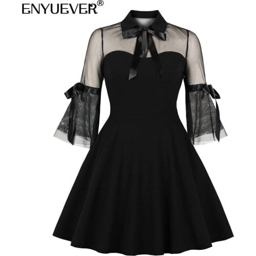 Enyuever Sexy Black Goth Dresses Mesh See Through Bowknot Flare Sleeve Pockets Gothic Clothes Women Vintage Party Casual Dress