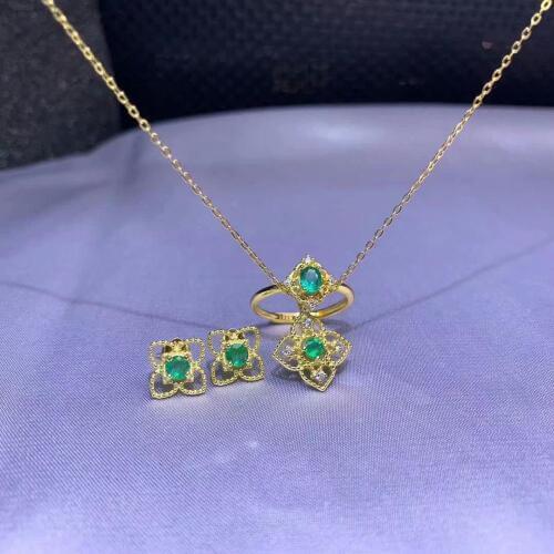SHILOVEM 925 sterling silver Natural Emerald stud earrings pendants rings send necklace fine Jewelry new gift