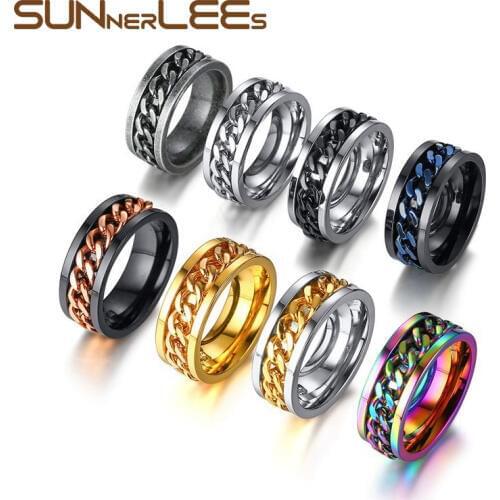 SUNNERLEES Titanium Stainless Steel Rings 8mm Flexible Rotatable Chain Ring Silver Color Gold Plated Men Women Jewelry R-016