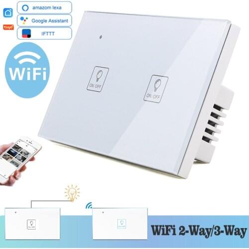WIFI Touch Light Wall Switch White Glass Blue LED 118*72mm Universal Smart Home Phone Control 2Gang 2Way Alexa Google Home Alice