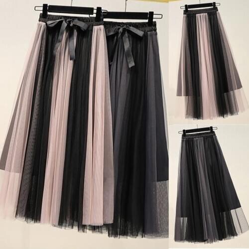 Women Spring Summer Belt Elastic High Waist Long Mesh Skirt Womens Pleated A-Line Slitting Slimming Short skirt pleated skirts