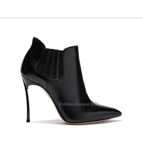 Black Grey Leather Pointed Toe Metal Blade Heeled Stretch Band Ankle Boots For Women Autumn Winter Thin High Heels Show Shoes
