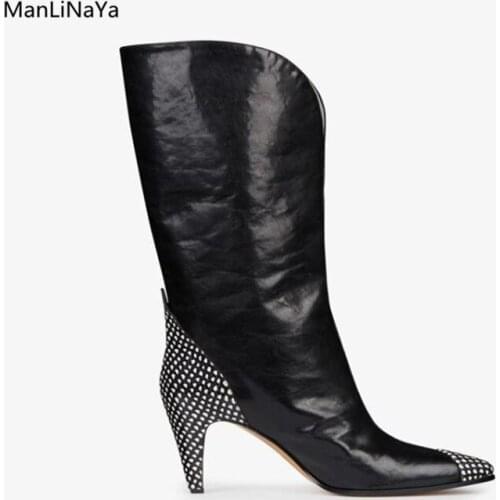 Black White Polka Dot Spikes Heel Women Boots Manlinaya Brand Design Women Shoes Strange Style Slip on Pointed Toe Female Boots