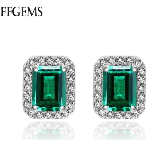 FFGems Sterling Silver 925 earrings Created Moissanite Emerald green gemstone For Women Engagement Gift Fine Jewelry with box