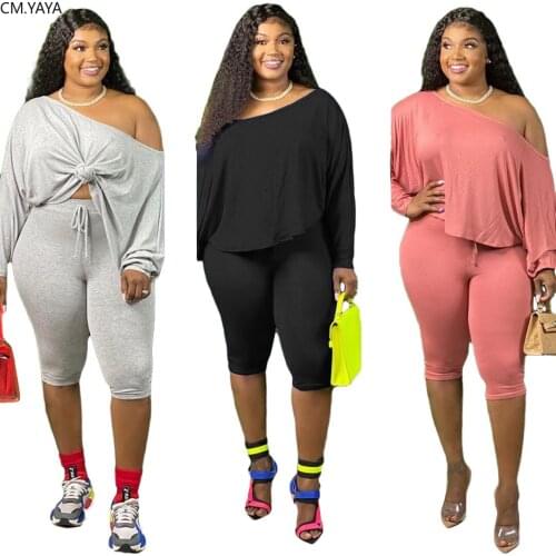 CM.YAYA Plus Size S-4XL Women Set Two Pieces Set Tracksuit Crop Top Knee Length Jogger Sweatpant Suit Outfit Matching Set