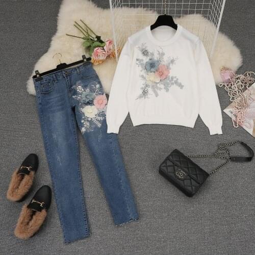 Amolapha Women Knit 3D Flowers Sweaters+Jeans Sets Autumn Winter Woman Fashion Tops Denim Pants Costumes Outfits