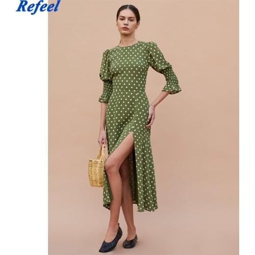 Za Women Polka Dot Dress 2021 Summer O neck Short Sleeve Long Dresses Woman Boho Side Split Casual Elegant Green Dress