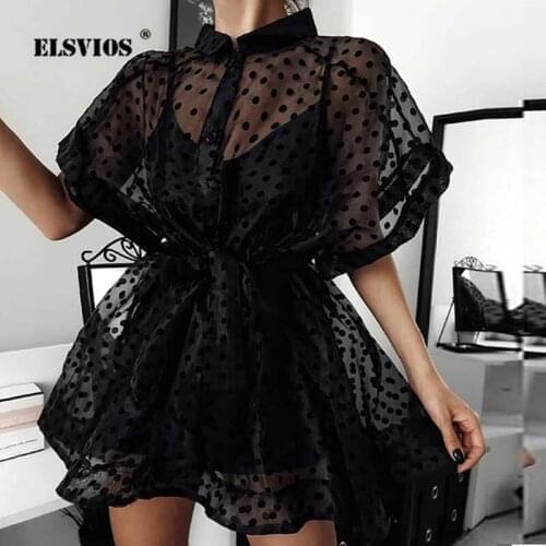 Lady Turn-Down Collar princess Dress Women Polka Dot Print Mesh belt Mini Dress Elegant Summer Short Sleeve Party Dress vestido