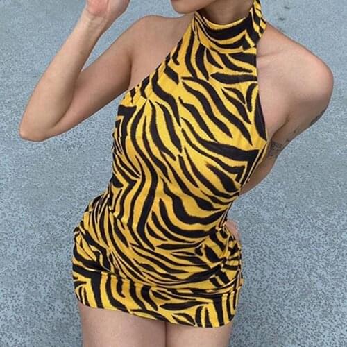 2021 Fashion Tiger Pattern Print Halter Dress Women Sleeveless Backless Bodycon Mini Dress Club Party Summer Sexy Dress