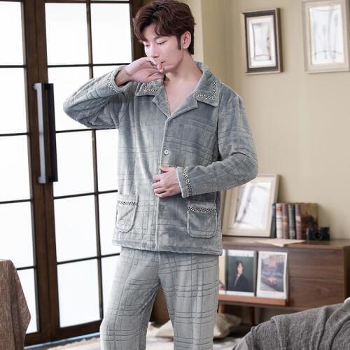 Winter Pajamas Set Men Flannel Pyjama Warm Sexy Plush Sleepwear Big Size Man Pure Color Homewear 2019 Fashion Pjs